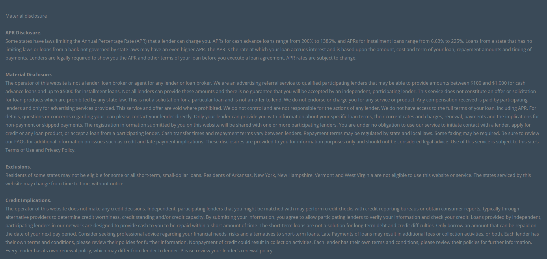 Material disclosure for payday loans in Denton Texas